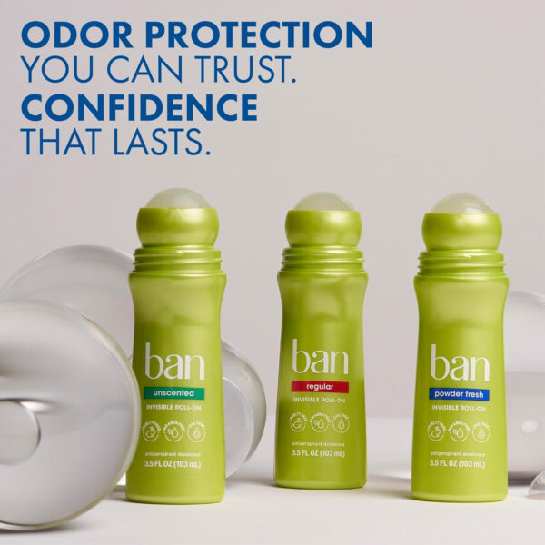 68932bbe753ca52720d1fefec6a25e0102f09d7d0c34283e7acba.jpg Ban Invisible Roll-on Antiperspirant Deodorant for Women and Men, 24-hour Underarm Odor & Sweat Protection, Powder Fresh, 3.5 Oz, Pack of 2