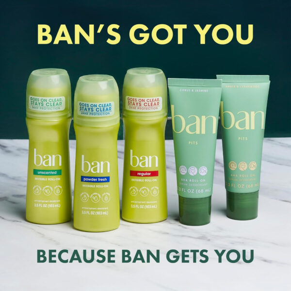 68932bbf67e4de42fe1468835ec00510815783cb2a34a2f68d32a.jpg Ban Invisible Roll-on Antiperspirant Deodorant for Women and Men, 24-hour Underarm Odor & Sweat Protection, Powder Fresh, 3.5 Oz, Pack of 2