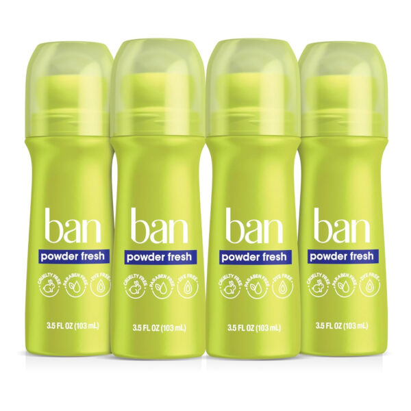 68932bd61b897225d46868b13d03b23de53528f2e93f2790c8957.jpg Ban Invisible Roll-on Antiperspirant Deodorant for Women and Men, 24-hour Underarm Odor & Sweat Protection, Powder Fresh, 3.5 Oz, Pack of 2
