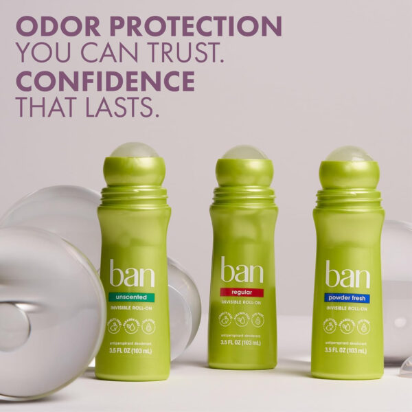 68932bdea43342d68663cbb96919c7b39e707e12ae05ddb494afb.jpg Ban Invisible Roll-on Antiperspirant Deodorant for Women and Men, 24-hour Underarm Odor & Sweat Protection, Powder Fresh, 3.5 Oz, Pack of 2