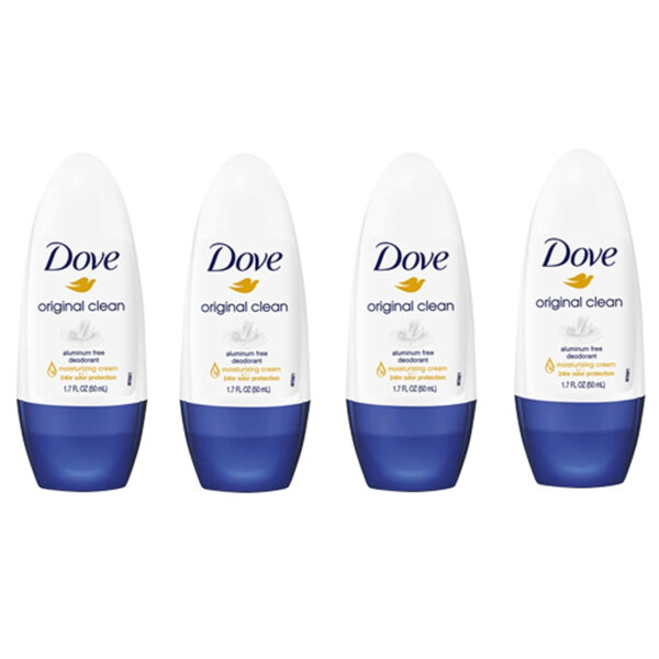 Dove Original Clean Roll On Deodorant, Aluminum Free, All Day Odor Protection, 4-Pack, 1.7 FL Oz Each, 4 Bottles
