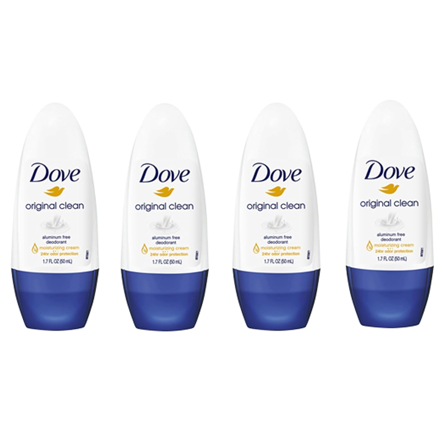 68932bf86b4ef968d697d8b0b125a198e7aae3fc61b6d5d276ddc.jpg Dove Original Clean Roll On Deodorant, Aluminum Free, All Day Odor Protection, 4-Pack, 1.7 FL Oz Each, 4 Bottles
