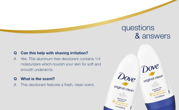 Dove Original Clean Roll On Deodorant, Aluminum Free, All Day Odor Protection, 4-Pack, 1.7 FL Oz Each, 4 Bottles