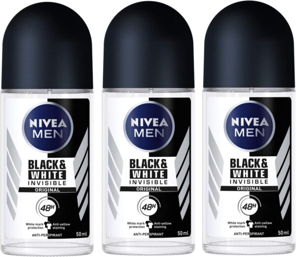 68932c3b0b5feac9d0683a501fde829e1100286985e94004e2ec3.jpg Nivea for Men Invisible for Black & White 48 Hours Deodorant Roll on 50 Ml. 3 Pack l