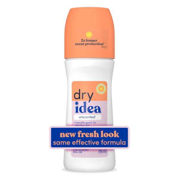 68932c48e1145cec14c2eca53879396db1ca17d277426ab0714a9.jpg Dry Idea Roll-On Deodorant & Antiperspirant | 2X Longer Sweat Protection | 72-Hour Odor Protection | Unscented & Hypoallergenic for Sensitive Skin, 3.25 oz
