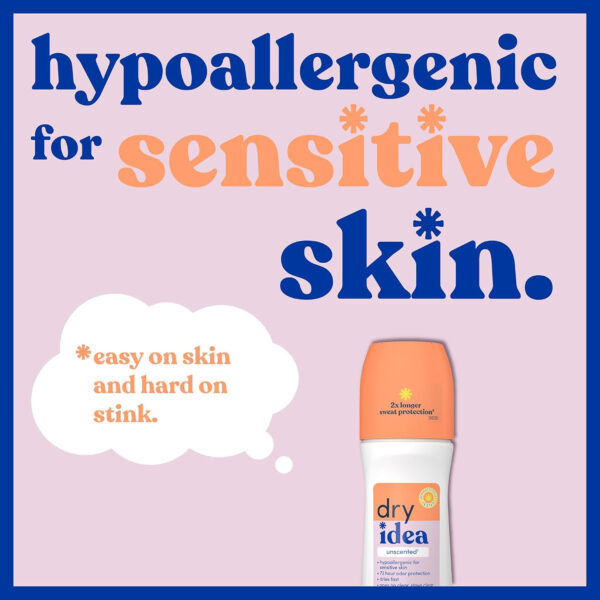 68932c4c6e13b3c55394160d3f7a1f3786b826bd2cbd4d4720a90.jpg Dry Idea Roll-On Deodorant & Antiperspirant | 2X Longer Sweat Protection | 72-Hour Odor Protection | Unscented & Hypoallergenic for Sensitive Skin, 3.25 oz