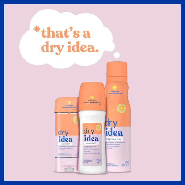 68932c51f388e87c90a9886c052771159b3075c79261ba796509a.jpg Dry Idea Roll-On Deodorant & Antiperspirant | 2X Longer Sweat Protection | 72-Hour Odor Protection | Unscented & Hypoallergenic for Sensitive Skin, 3.25 oz
