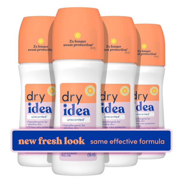 68932c5325bc4026306988002579f14b0b8572ad0d42d8ea4d5ba.jpg Dry Idea Roll-On Deodorant & Antiperspirant | 2X Longer Sweat Protection | 72-Hour Odor Protection | Unscented & Hypoallergenic for Sensitive Skin, 3.25 oz