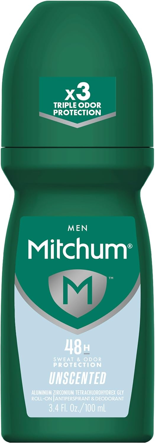 Mitchum Men’s Triple Odor Protection Antiperspirant & Deodorant Roll-On, Unscented, 48HR Protection, Vegan, 3.4 oz