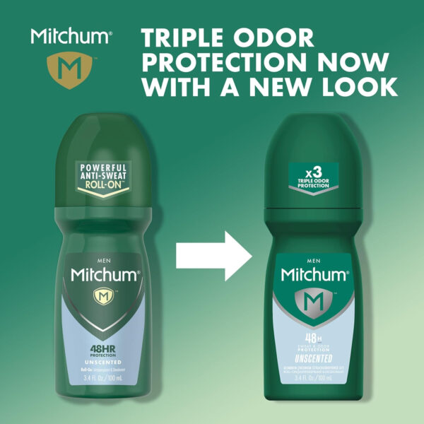 Mitchum Men’s Triple Odor Protection Antiperspirant & Deodorant Roll-On, Unscented, 48HR Protection, Vegan, 3.4 oz