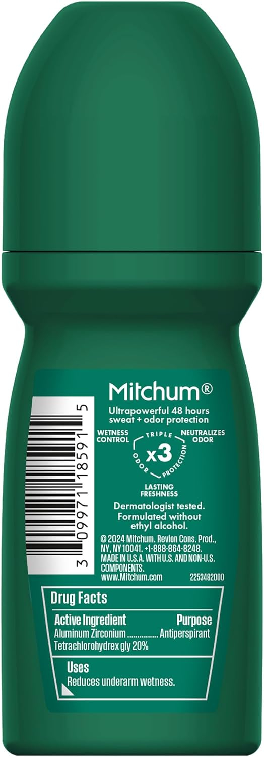 Mitchum Men’s Triple Odor Protection Antiperspirant & Deodorant Roll-On, Unscented, 48HR Protection, Vegan, 3.4 oz