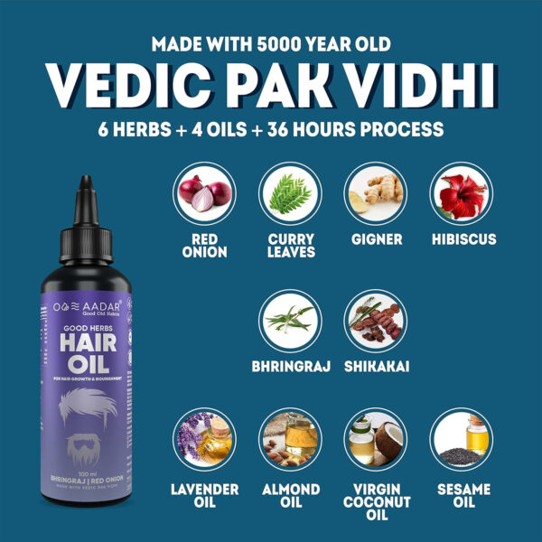 AADAR GOOD HERBS Hair Oil | Ayurvedic Hair Fall & Damage Control | Supports Healthy Hair | Red Onion, Bhringraj, Hibiscus, Virgin Coconut made with vedic pak vidhi | 100ml(Pack of 1)