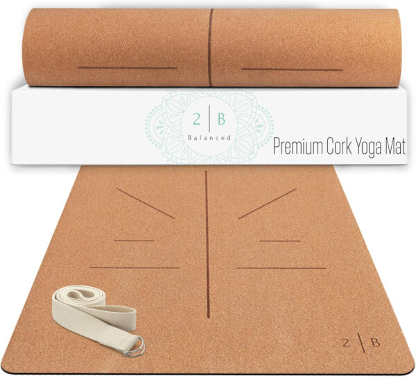 Natural Cork Yoga Mat Lightweight & Non-Slip Non-Toxic, Sustainable 5mm Thick With Strap and Alignment Lines Ideal for Hot Yoga & Fitness