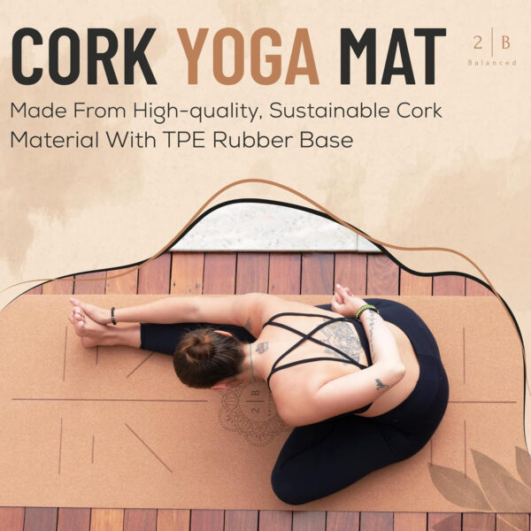 Natural Cork Yoga Mat Lightweight & Non-Slip Non-Toxic, Sustainable 5mm Thick With Strap and Alignment Lines Ideal for Hot Yoga & Fitness