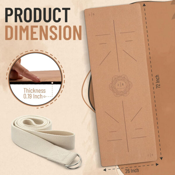 Natural Cork Yoga Mat Lightweight & Non-Slip Non-Toxic, Sustainable 5mm Thick With Strap and Alignment Lines Ideal for Hot Yoga & Fitness