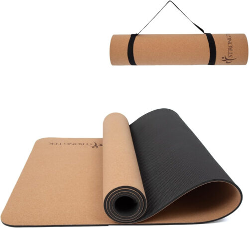 6893334cc7e271b91f9e6e6f0c25a96bf3a330c26defd7bbf0522.jpg StrongTek Eco-Friendly Cork Yoga Mat, 7mm Thick, 72"x24", Cork+TPE, 2 lbs, Non-Slip, Lightweight & Cushioned Mat for Hot Yoga, Pilates & Home Fitness, Durable Surface with Natural Grip and Carry Strap