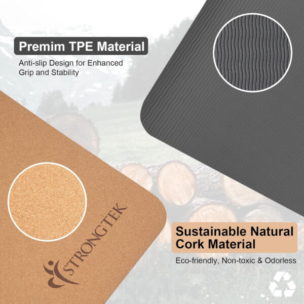 StrongTek Eco-Friendly Cork Yoga Mat, 7mm Thick, 72"x24", Cork+TPE, 2 lbs, Non-Slip, Lightweight & Cushioned Mat for Hot Yoga, Pilates & Home Fitness, Durable Surface with Natural Grip and Carry Strap
