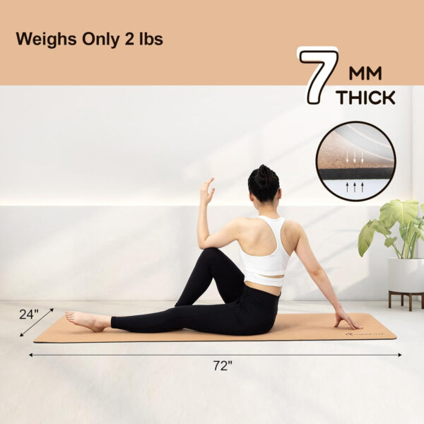 StrongTek Eco-Friendly Cork Yoga Mat, 7mm Thick, 72"x24", Cork+TPE, 2 lbs, Non-Slip, Lightweight & Cushioned Mat for Hot Yoga, Pilates & Home Fitness, Durable Surface with Natural Grip and Carry Strap