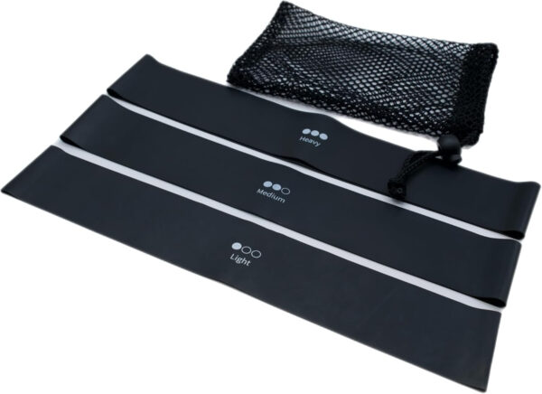 68933e9076e72f529e9b59d453125a7a1dc2fb8a0f7893755f69c.jpg Black Mini Band Kit, Set of 3, Light, Medium, Heavy Lower Resistance Bands for Legs and Shoulder Exercises,Warmups, Mobility 12" x 2" Bands, Carrying Bag Included.