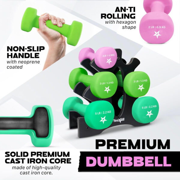 Yes4All Neoprene Coated Dumbbell Hand Weight Sets - Multiple Weight Options with Rack, Anti-roll, Anti-Slip, Hexagon Shape