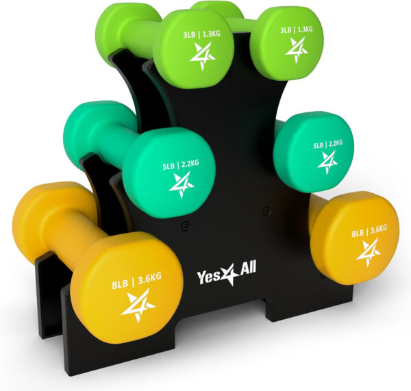 Yes4All Neoprene Coated Dumbbell Hand Weight Sets - Multiple Weight Options with Rack, Anti-roll, Anti-Slip, Hexagon Shape