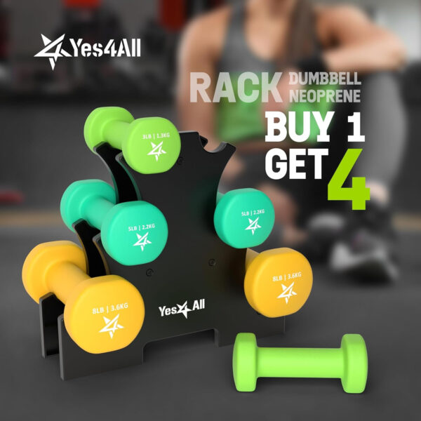 Yes4All Neoprene Coated Dumbbell Hand Weight Sets - Multiple Weight Options with Rack, Anti-roll, Anti-Slip, Hexagon Shape