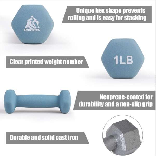 6893497c12591c084317238d1838ca64cbf591a16d81eda1fdad5.jpg LIONSCOOL Set of 2 Neoprene Coated Dumbbell Hand Weights, Anti-Slip and Anti-Roll Hex Dumbbells in Pair for Strength Training, Resistance Training