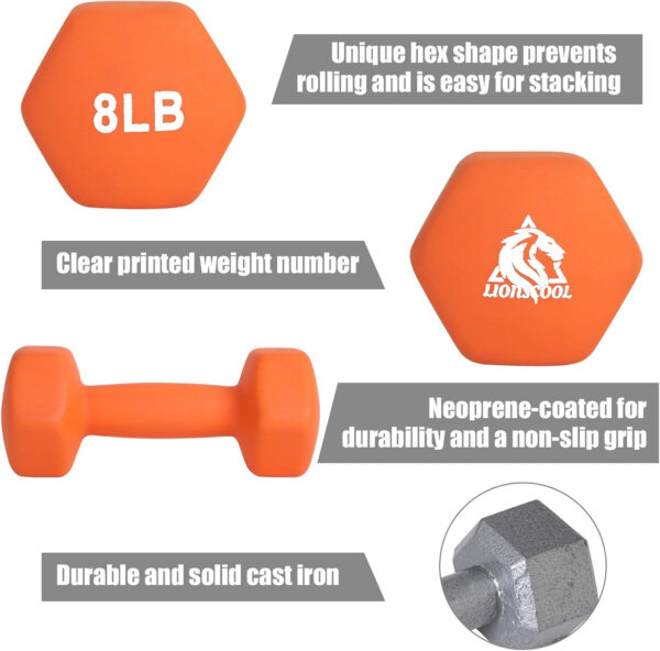 689349834c0f63fa2fc64244c0cef721785ca7c08c653df64bd50.jpg LIONSCOOL Set of 2 Neoprene Coated Dumbbell Hand Weights, Anti-Slip and Anti-Roll Hex Dumbbells in Pair for Strength Training, Resistance Training