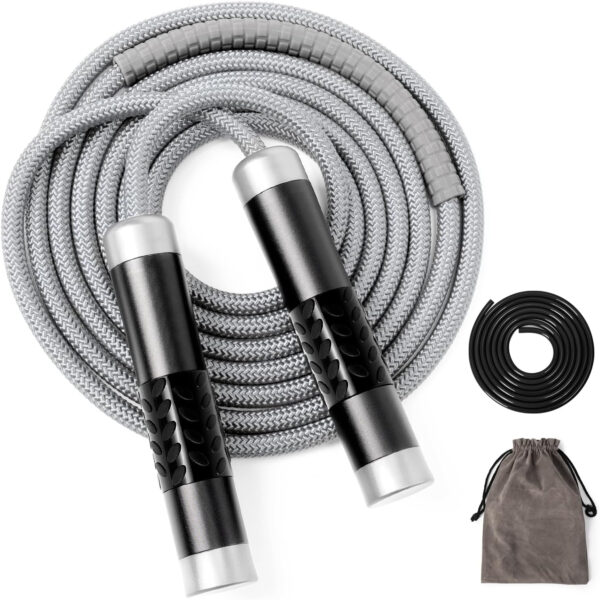 68934b97962b45db5b1e11e8f4539dee2e54148eb064d55ebf06c.jpg 1LB Weighted Jump Ropes for fitness Women Men, Tangle-Free Ball Bearing Rapid Speed Skipping Jump Rope with Adjustable 9mm Cotton & PVC Cord, Aluminum Handles for MMA, Boxing, CrossFit, Weight-loss Workouts