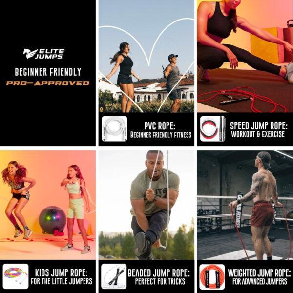 68934d7a952f440870208a3cd6bb9709bf1467da12e3a3dd50e17.jpg Elite Jumps | 6mm PVC Jump Ropes for Fitness | Indoor/Outdoor Adjustable Boxing Jump Rope w/Unbreakable Handles & Ultra-Durable Non-Kinking PVC | Skipping Rope for Men & Women & Boxer Rope Jump Rope