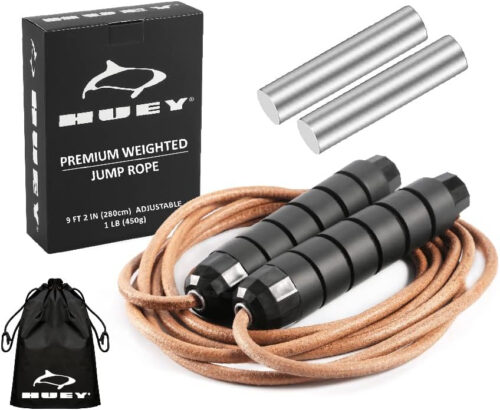 HUEY Sport Weighted 1lb Leather Jump Rope Adjustable Skipping Rope for Speed Quiet Training Boxing MMA Cardio Crossfit Fitness Workout Indoor and Outside Exercise for Beginner Kids Men and Women