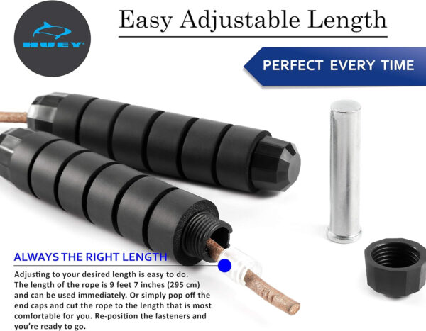 HUEY Sport Weighted 1lb Leather Jump Rope Adjustable Skipping Rope for Speed Quiet Training Boxing MMA Cardio Crossfit Fitness Workout Indoor and Outside Exercise for Beginner Kids Men and Women