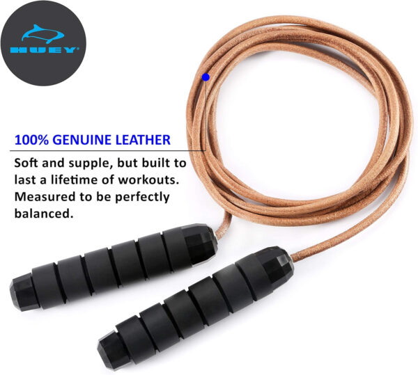 HUEY Sport Weighted 1lb Leather Jump Rope Adjustable Skipping Rope for Speed Quiet Training Boxing MMA Cardio Crossfit Fitness Workout Indoor and Outside Exercise for Beginner Kids Men and Women