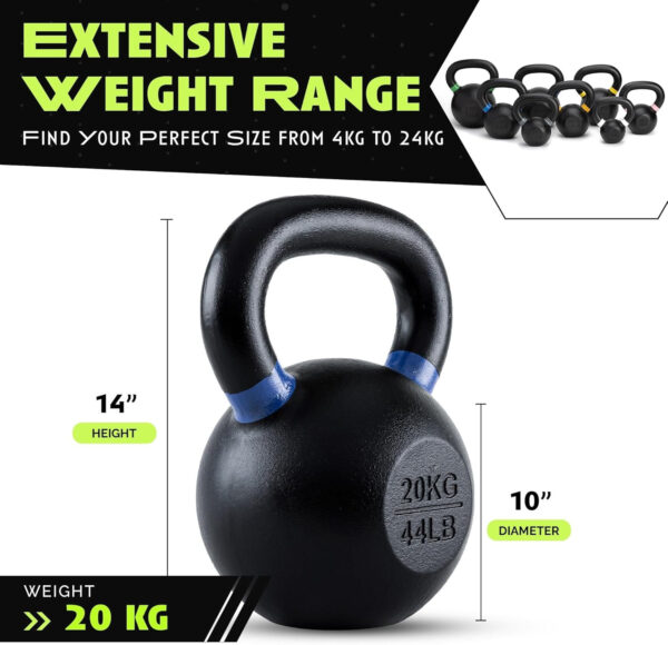 Single Cast Iron Kettlebell | Powder Coated - Wide Handle Weights for Core & Glute Workouts Swings, Squats, Deadlifts Strength, Endurance & Flexibility for Men & Women