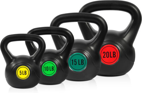 Fitvids Wide Grip 3-Piece or 4-Piece Kettlebell Exercise Fitness Weight Set, Include 5 lbs, 10 lbs, 15 lbs and 20 lbs, Set of 3 or Set of 4