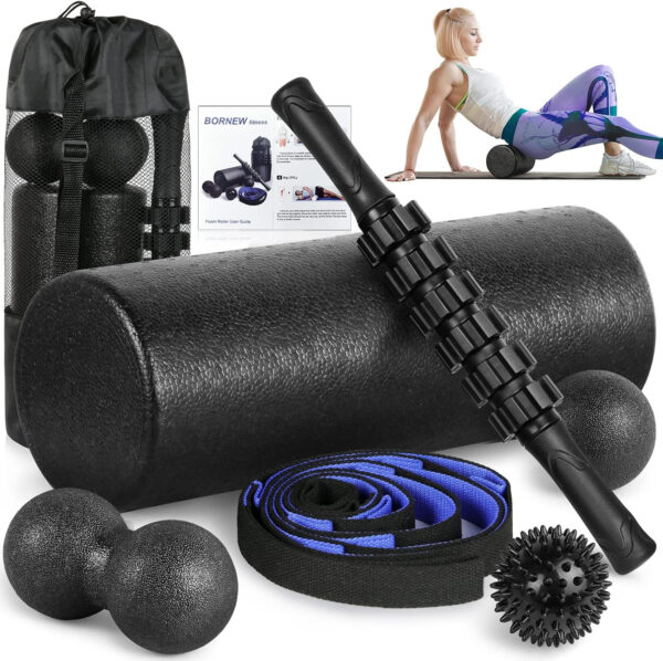Foam Roller Set - High Density Back Roller, Muscle Roller Stick,2 Foot Fasciitis Ball, Stretching Strap, Massager Ball for Whole Body Physical Therapy & Exercise, Yoga, Back Pain, Leg, Deep Tissue