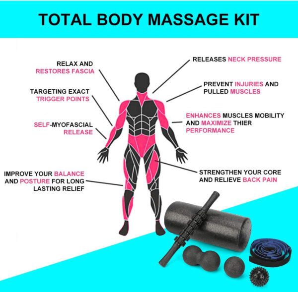 Foam Roller Set - High Density Back Roller, Muscle Roller Stick,2 Foot Fasciitis Ball, Stretching Strap, Massager Ball for Whole Body Physical Therapy & Exercise, Yoga, Back Pain, Leg, Deep Tissue