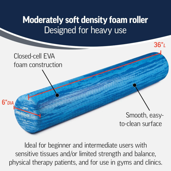 OPTP PRO-Roller Soft Density Foam Roller – Low Density Soft Foam Roller for Physical Therapy, Pilates, Yoga Foam Roll Exercises, and Muscle Recovery- Blue 36" x 6"