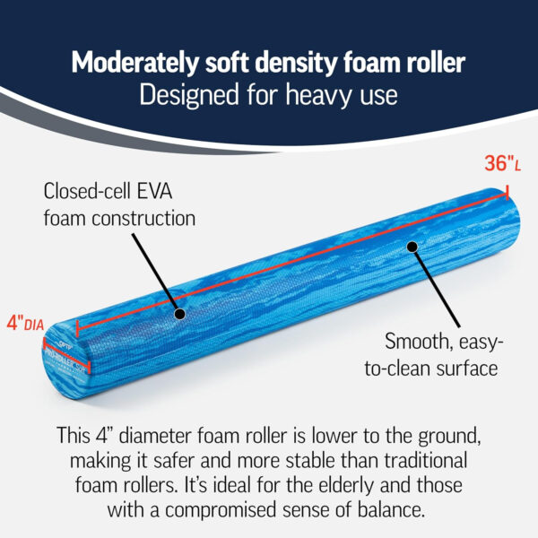 OPTP PRO-Roller Soft Density Foam Roller – Low Density Soft Foam Roller for Physical Therapy, Pilates, Yoga Foam Roll Exercises, and Muscle Recovery- Blue 36" x 6"