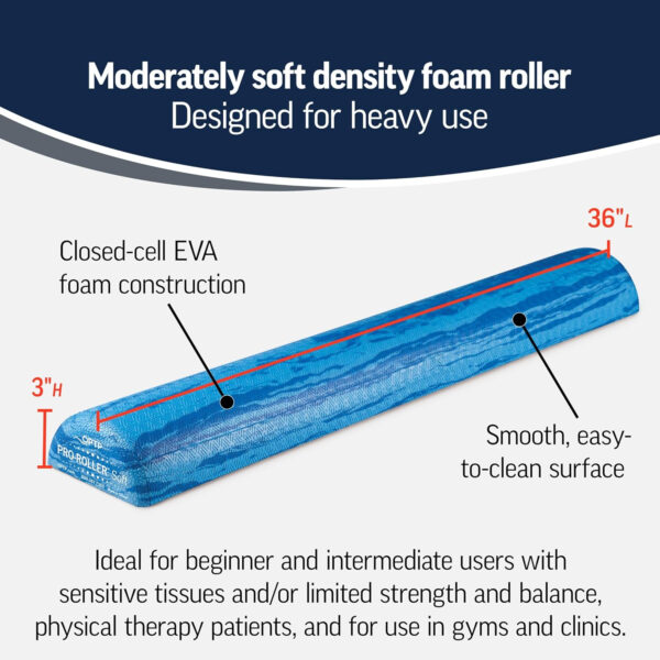 OPTP PRO-Roller Soft Density Foam Roller – Low Density Soft Foam Roller for Physical Therapy, Pilates, Yoga Foam Roll Exercises, and Muscle Recovery- Blue 36" x 6"