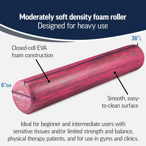 OPTP PRO-Roller Soft Density Foam Roller – Low Density Soft Foam Roller for Physical Therapy, Pilates, Yoga Foam Roll Exercises, and Muscle Recovery- Blue 36" x 6"