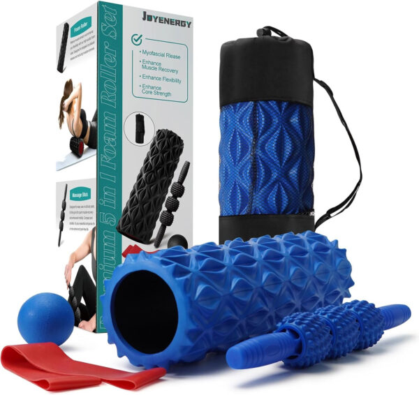 5 in 1 Foam Roller Set, Trigger Point Foam Roller Patented, Massage Stick, Massage Ball, Resistance Band for Deep Muscle Massage Pilates Yoga, Fitness Exercise for Whole Body