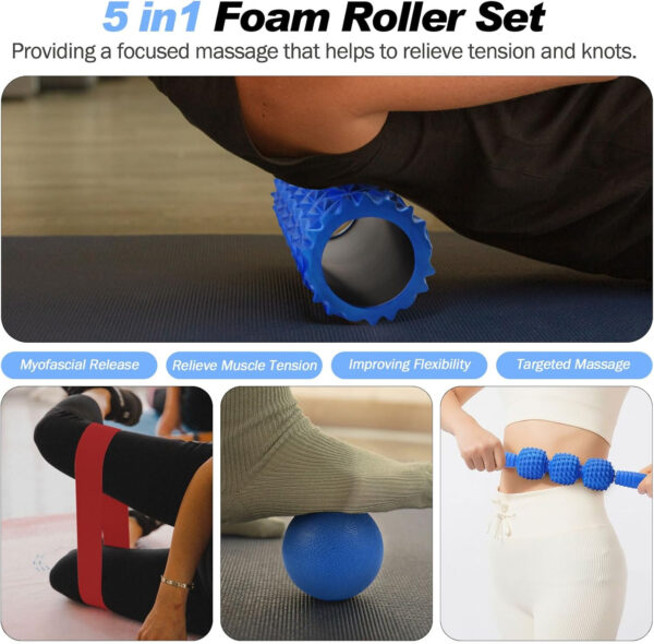 5 in 1 Foam Roller Set, Trigger Point Foam Roller Patented, Massage Stick, Massage Ball, Resistance Band for Deep Muscle Massage Pilates Yoga, Fitness Exercise for Whole Body