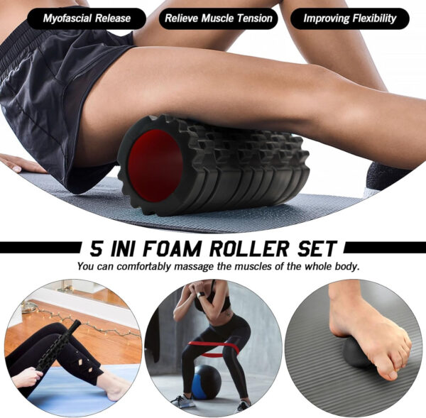 5 in 1 Foam Roller Set, Trigger Point Foam Roller Patented, Massage Stick, Massage Ball, Resistance Band for Deep Muscle Massage Pilates Yoga, Fitness Exercise for Whole Body