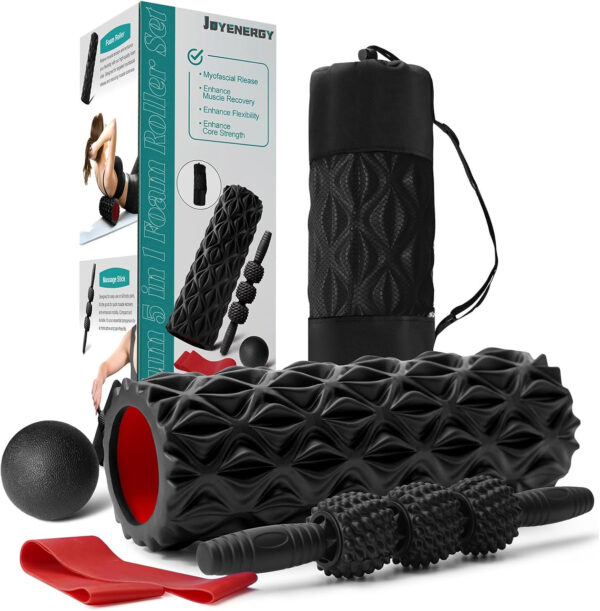5 in 1 Foam Roller Set, Trigger Point Foam Roller Patented, Massage Stick, Massage Ball, Resistance Band for Deep Muscle Massage Pilates Yoga, Fitness Exercise for Whole Body