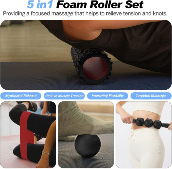 5 in 1 Foam Roller Set, Trigger Point Foam Roller Patented, Massage Stick, Massage Ball, Resistance Band for Deep Muscle Massage Pilates Yoga, Fitness Exercise for Whole Body