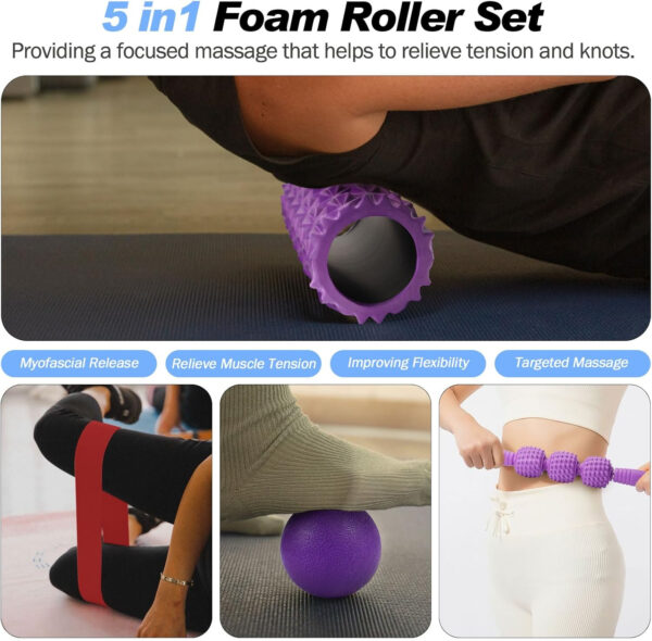 5 in 1 Foam Roller Set, Trigger Point Foam Roller Patented, Massage Stick, Massage Ball, Resistance Band for Deep Muscle Massage Pilates Yoga, Fitness Exercise for Whole Body