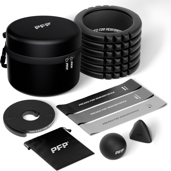 689357d827699b63145f0faefa1aafebf2b8da8c0ea1d6b63a4e0.jpg Mobility Pack, 6-Piece Workout Set - at Home & On-The-Go Exercise Recovery Tools - Foam Roller, Extended Performance & Mini Resistance Band, Massage Tool & Carry Case with Clip