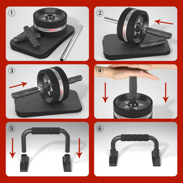 68935d35b3296761d546855e4528c6a77b6ec45b2994569b8c2a1.jpg Ab Rollers Wheel Kit, Exercise Wheel Core Strength Training Abdominal Roller Set with Push Up Bars, Resistance Bands, Knee Mat Home Gym Fitness Equipment for Abs Workout