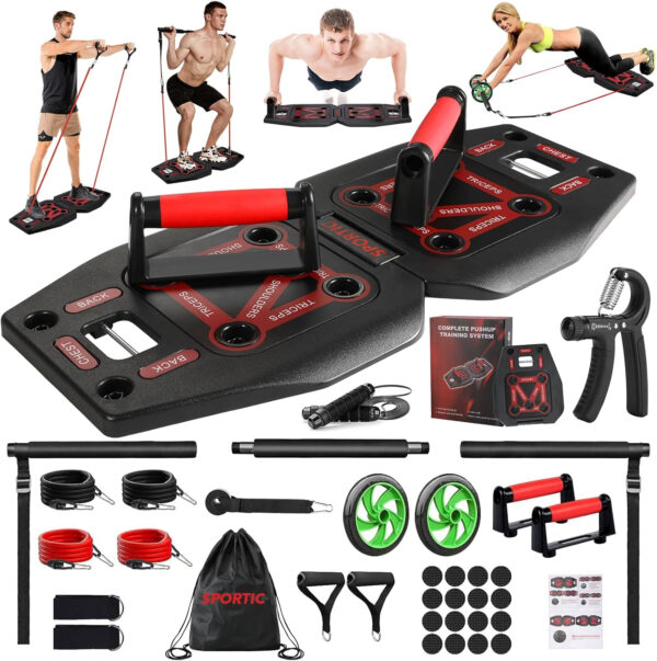 68935f1cbb1bd11d4136b669a30fe5a2878aa31dd8148c00c1644.jpg Push Up Board for Home Gym with Exercise Accessories Resistance Bands & Ab Roller Wheel & Pilates Bars - Portable Gym with Foldable Pushup Board - Exercise Equipment for Upper Body Workout, Gift for Women & Men